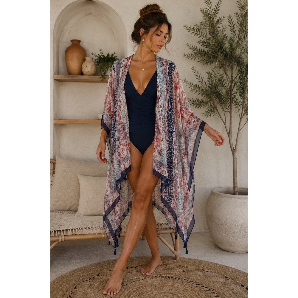 Moss Rose Women's Open Front Kimono Coverup Duster‎ Tassels One Size NWT Flowy
